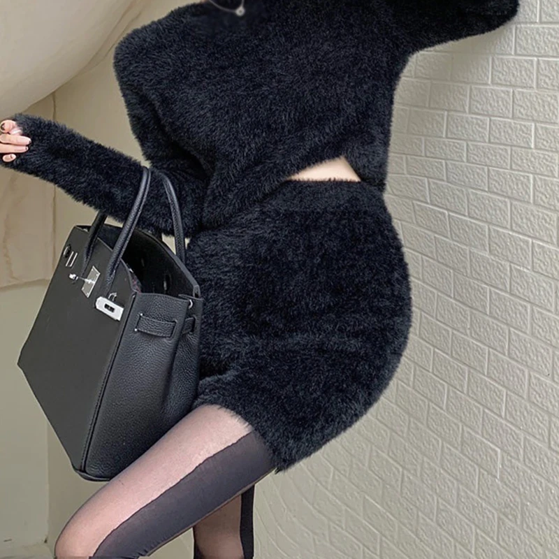 Autumn Spring Women Mini Furry Skirt Faldas Mujer new Moda Slim Sexy High Waist Wrap Hip 2025 Black Bottom Wild Woolen Elegant Korean