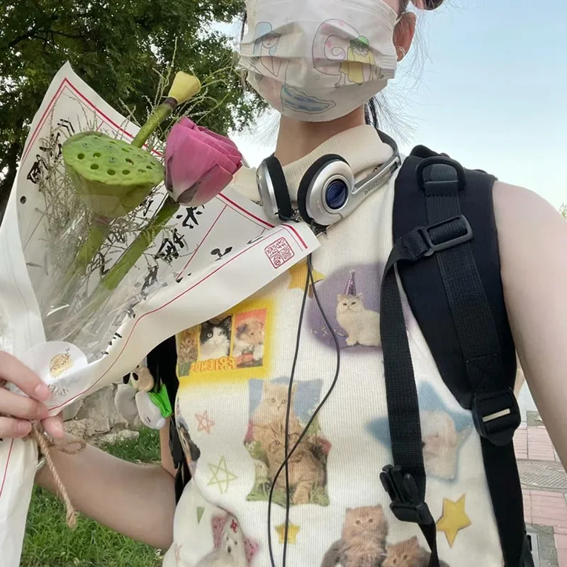 Karrram Y2k Aesthetics Tank Tops Japanese Haruku 2025 Cute Top 2000s Kawaii new Cat Print Tanktop Fairycore Ribbed Hooded Tops E-girl
