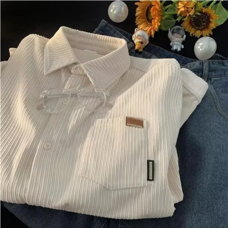 New Spring Autumn 2025 Corduroy Elegant Shirts for new Men Clothing Long Sleeve College Shirt Blouses Social Oversized Couple Coat