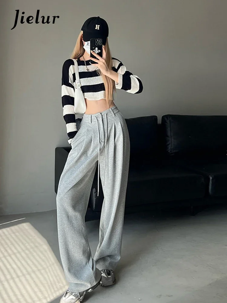 Jielur New High Waist American Solid Color new Women's Pants Drawstring Loose 2025 Straight Pants Woman Grey Casual Pants Summer Female