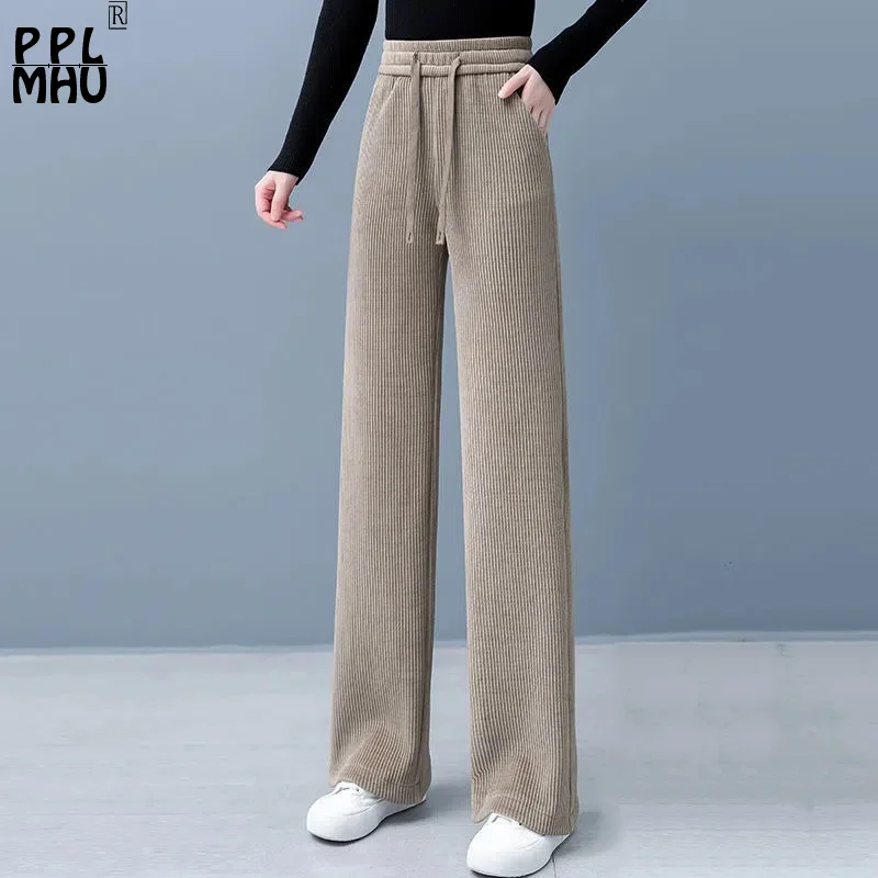 Basic Lace 2025 Up Baggy Pantalones Mom Spring Autumn Solid Color High Waist Straight new Trousers Casual Corduroy Wide Leg Pants Women