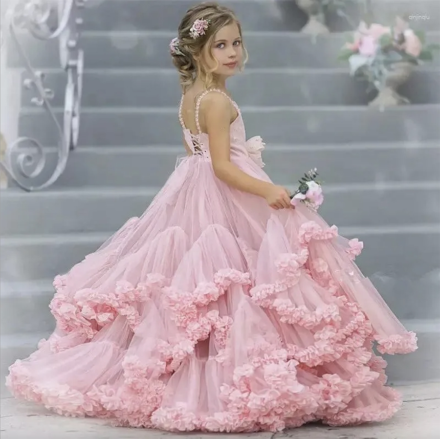 Pink Flower Girls Dresses Tulle Beaded Tiered Skirt Wedding Elegant Child's First Eucharistic Party Kids Birthday Girl Pageant Gowns 0509