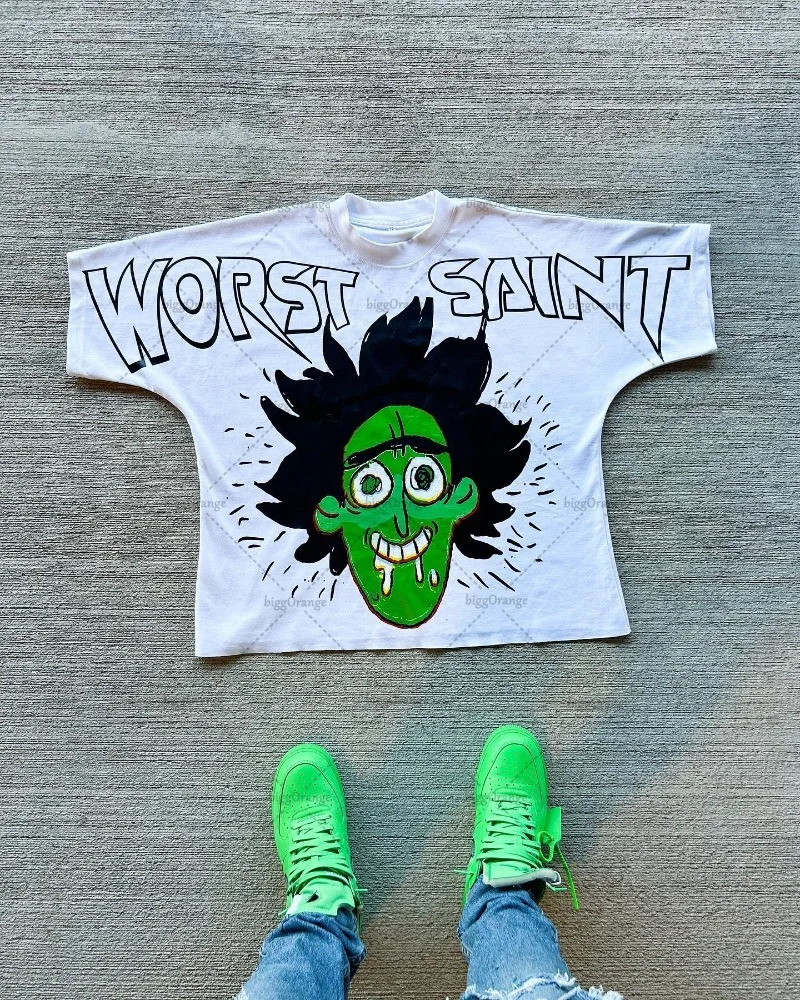 European and American Street Harajuku Punk Loose Top Men Y2k Trendy Cartoon Printed Tshirt Retro Casual Oversized Short Sleeves 240315