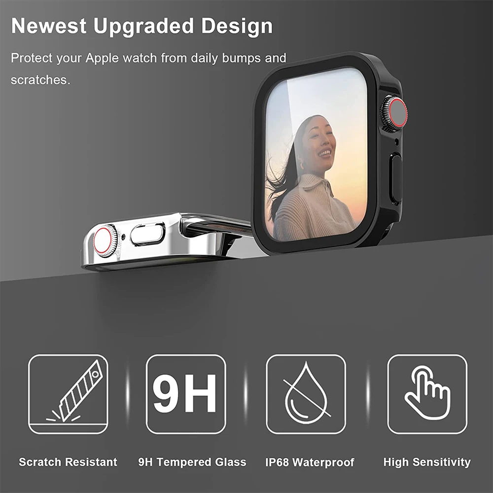 Case+Glass for Apple Watch 7 8 9 45mm 41mm 44mm 40mm Screen Protector Waterproof Cover Bumper Shell iWatch 4 5 SE 6 Accessories