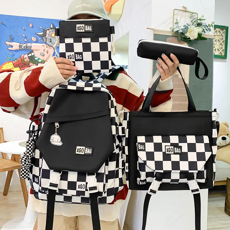 4 In 1 Women Backpack Trendy Plaid School Bag for Girls Large Capacity Waterproof Travel Backpacks Student Bookbags Mochila