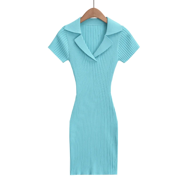 Party Dresses Mini For Women 2024 Summer Knitted Short Sleeve Dress Bodycon Black Polo Neck Vintage Clothes One Pieces