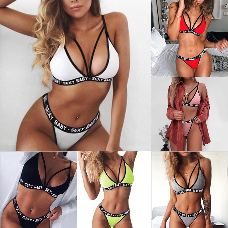 Women's Sexy Lingerie Set Letter Print Sports Underwear Set Pajamas Night Bra and Panty Sexy Bandage Corset Push Bra Bikini Set