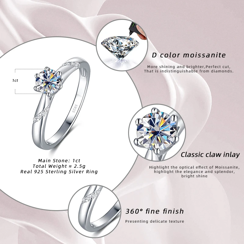BIJOX STORY Classic Style 1Carat Round Shape Moissanite Ring for Female 925 Sterling Silver Fine Jewelry Wedding Engagement Ring