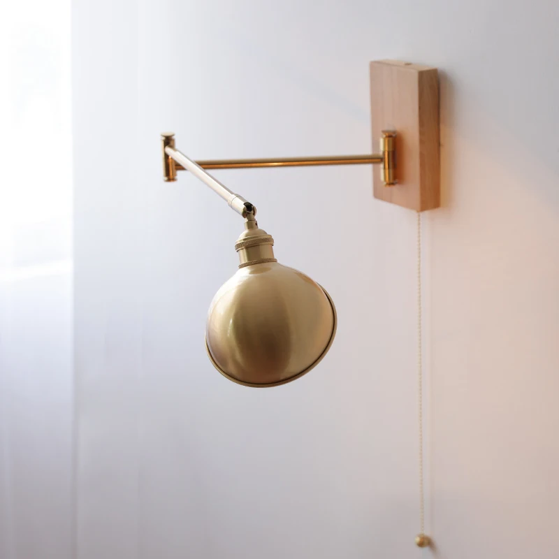 IWHD Walnut Ash Wood Canopy LED Wall Light Fixtures Pull Chain Switch Copper Arm Left Right Rotate Bedroom Beside Lamp Sconce