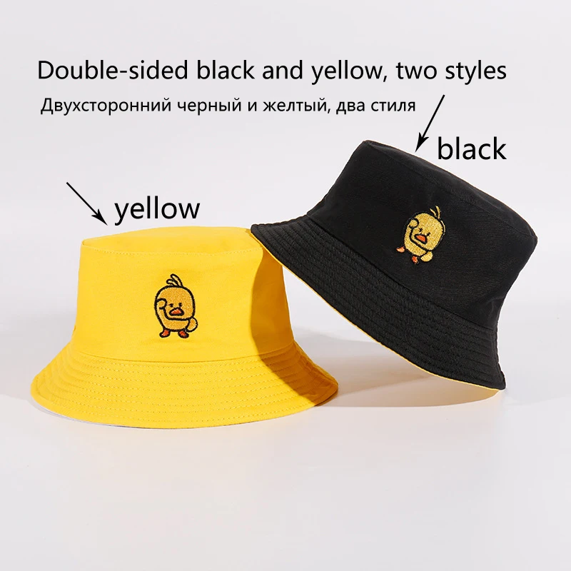 Reversible Black Yellow Duck Bucket Hat for Men Women Summer Sun Hat Fishing Hat Bob Sad Boys Panama Fold Outdoor Fisherman Hat