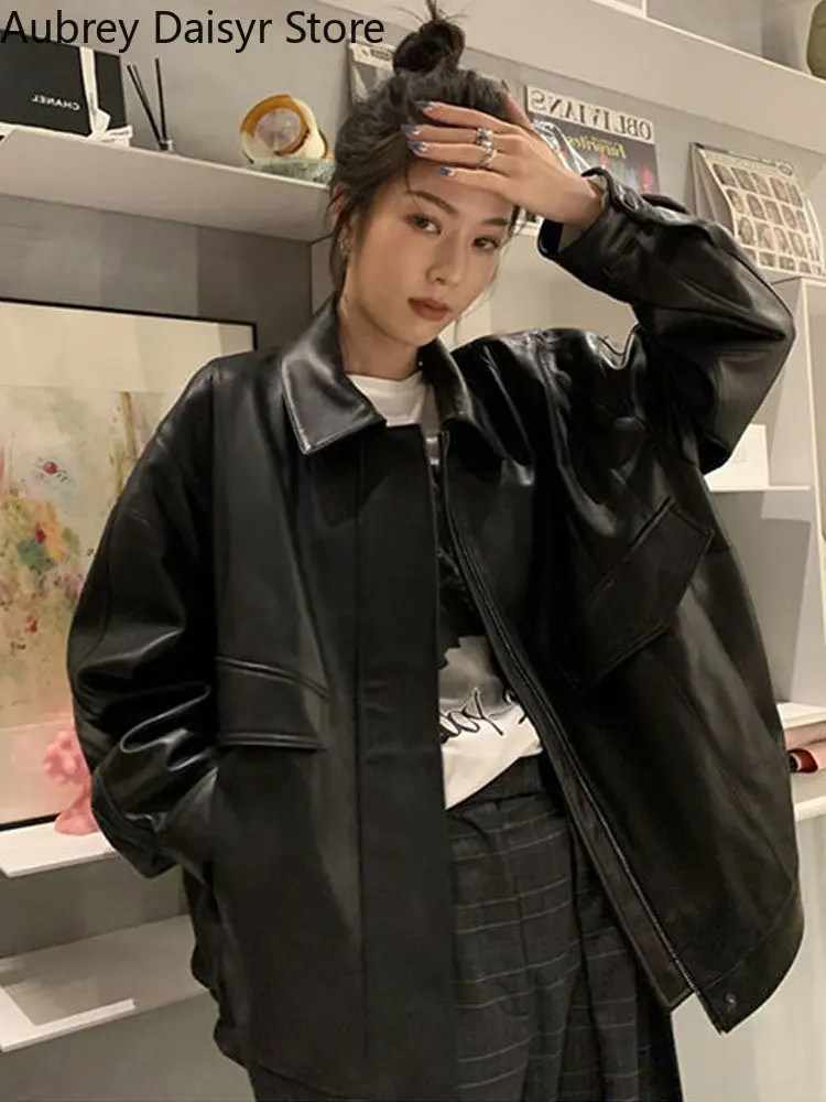 Oversize 2025 Black Leather Jacket Women Casual High Street Moto Biker Zipper Jacket Female New Outerwear new Faux Leather Coat Winter