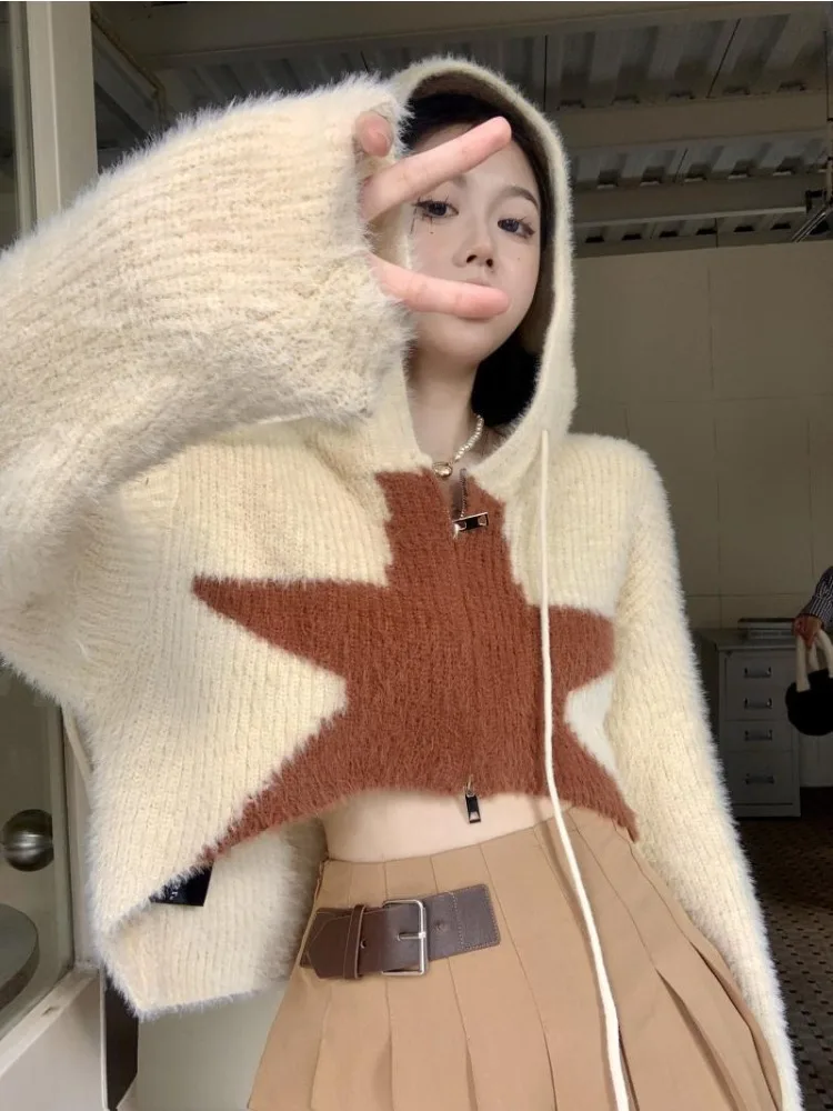 Deeptown Y2K Beige Crop Knit Sweater Women Gyaru Vintage Star Cardigan Tops Korean Style Streetwear Jersey Loose Hoodie Egirl