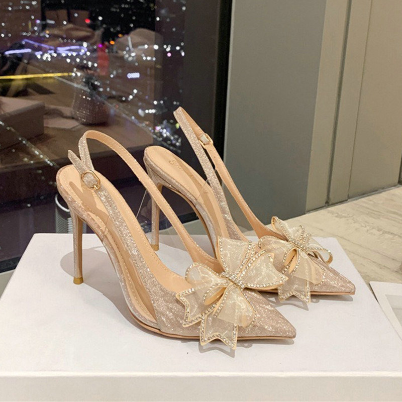 Pointed New Bridal Wedding Shoes Sparkly Material Rhinester Bow Head Back Empty Glass Glue High Heel Sandals wer Pumps e5d0