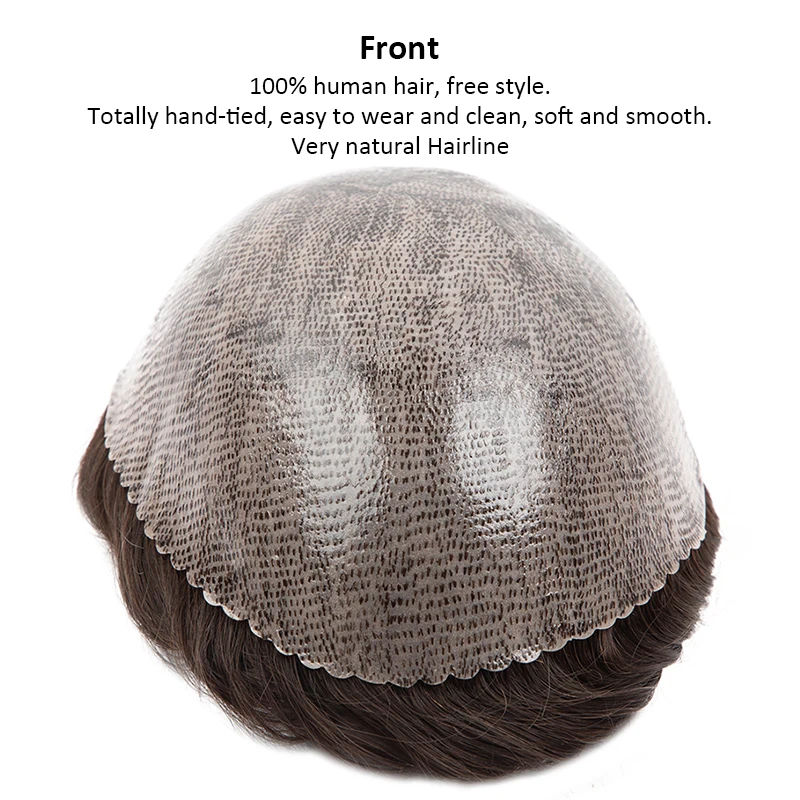 Men Capillary Prosthesis Full PU 0.012-0.14cm Toupee With Knots 100% Human Remy Hairpiece Natural Hairline for Man Dark Brown