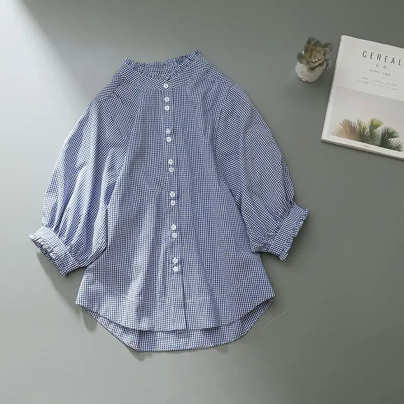 Women's Clothing Spring Summer 2023 Tops Vintage French Lantern Sleeve Elegant and new Youth Woman Blouses Lace 2025 Blue Plaid Shirt