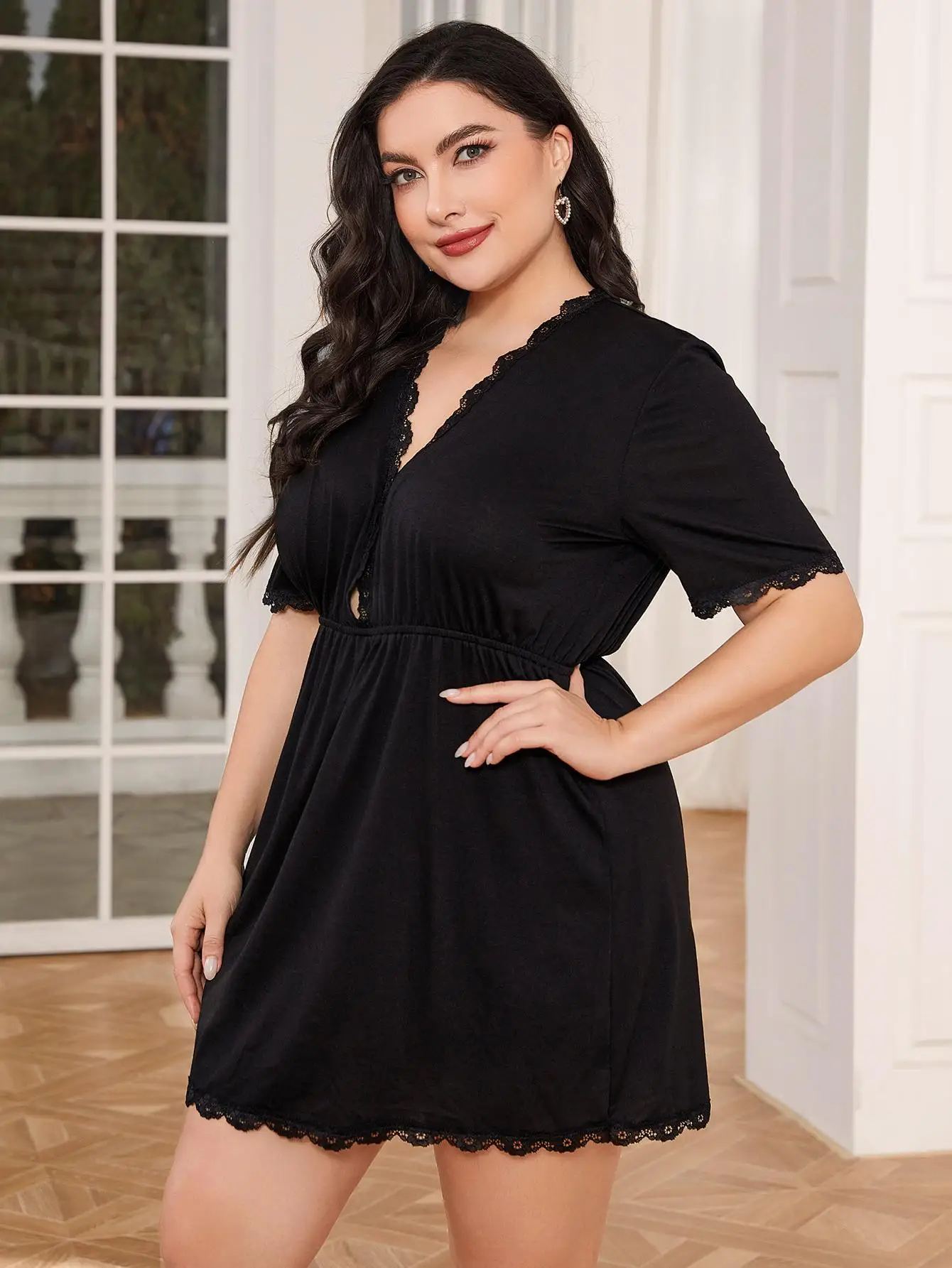 Plus Size Women Nightgowns Deep V Neck Sexy Sleepwear Short Sleeves Hem Homwear Elastic Waist Nighty Nightwear Loungwear Dress
