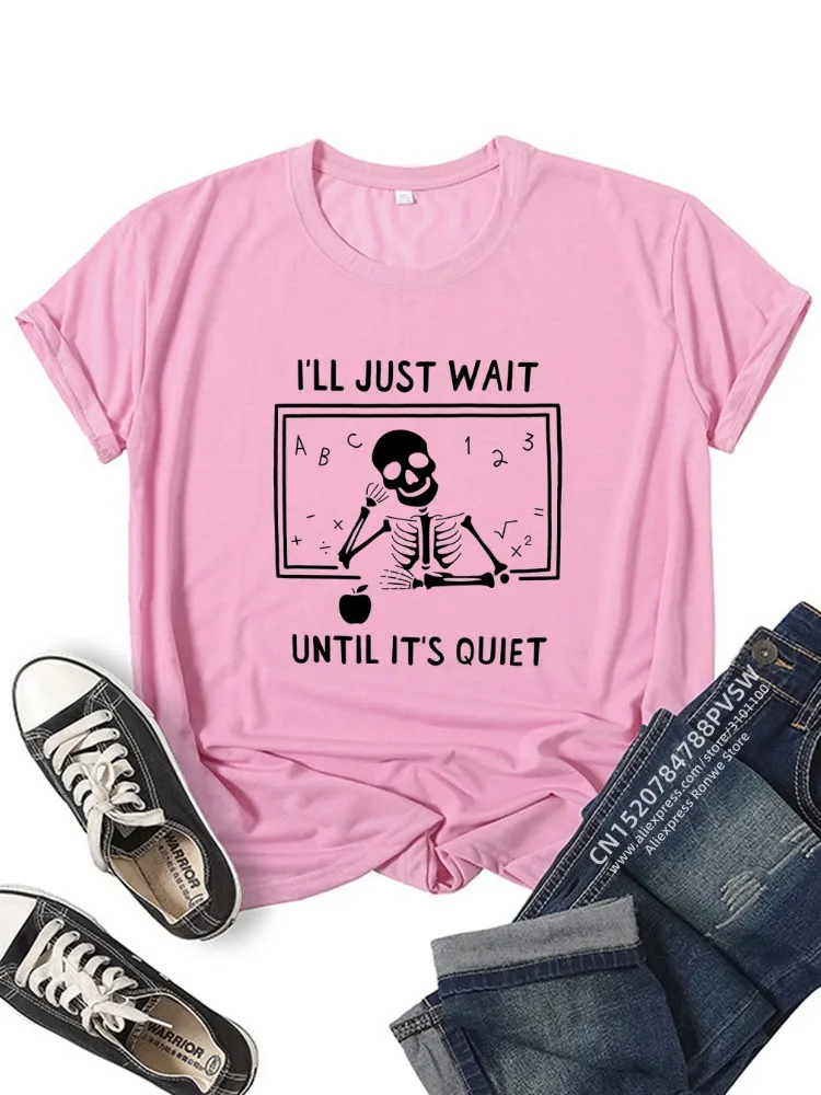Harajuku Funny Skull T-Shirt for Women, I'll Just Wait Until It's Quiet Teacher T-Shirt, Daily Girl Y2K Tee Tops,