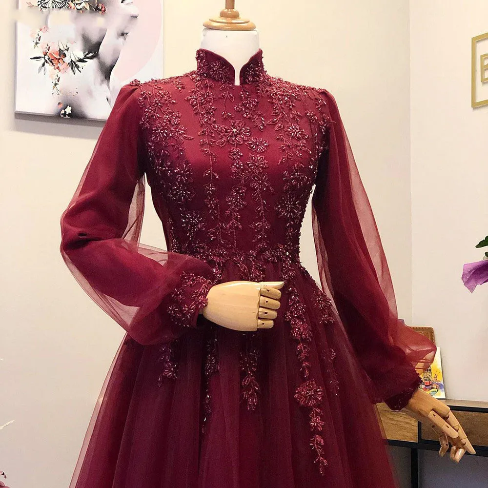 Muslim Modest Evening Dresses Bury Beads 2025 High Neck Puffy Long Sleeves Arabic Caftan Vestidos De new Fiesta 2023 Wedding Party