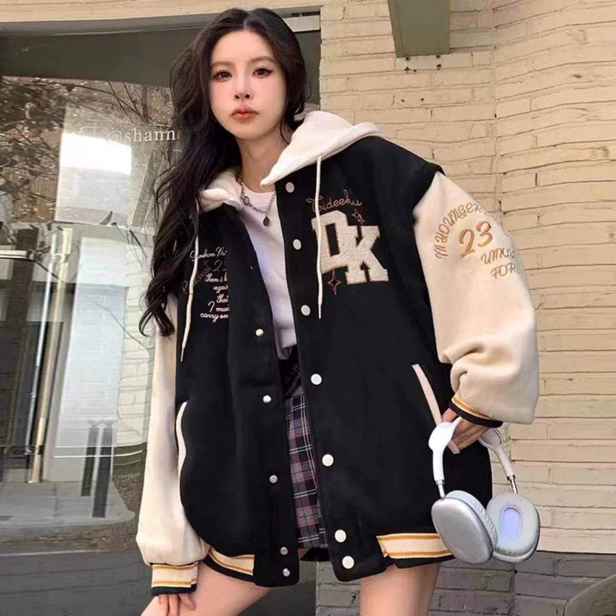 Embroidered Hooded Baseball 2025 Uniform Women's Winter 2023 new New Student Couple American Retro Plus Veet Casual Hooded Jacket Top