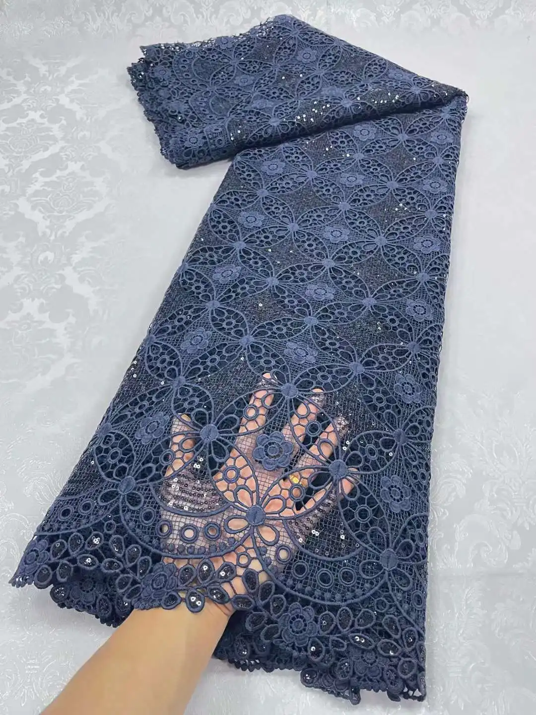 White Guipure Cord Lace Fabric 2023 High Quality With Sequins African Guipure Cord Lace 2025 For Sewing new Evening Party Dresses