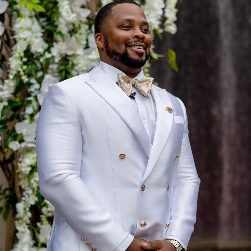 White Wedding Terno Hombres ddmysmile Wedding Groom Double Breasted Peak Lapel Two Pcs Jacket Pants Slim Tre De Hombre Elegante Smile