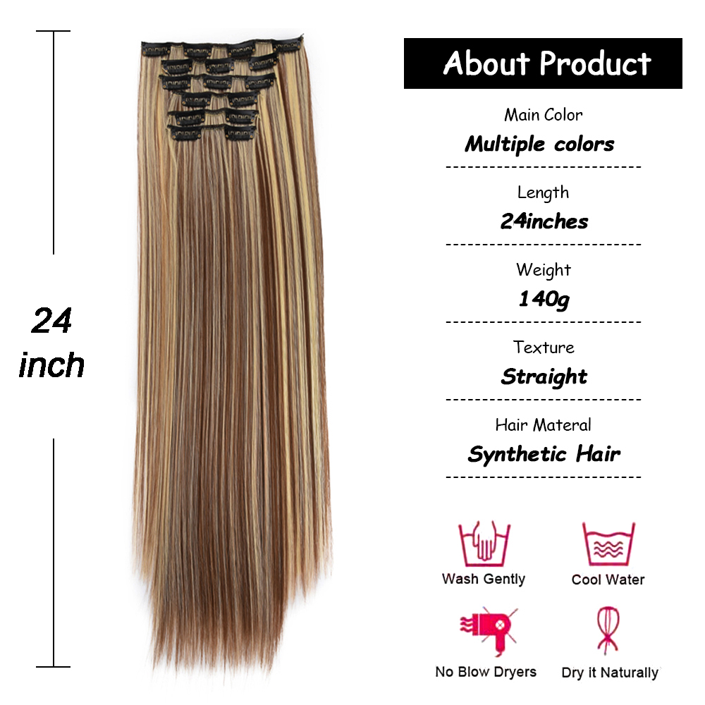 24" Synthetic Curly Clip-In Hair Extensions For Women weave 6PCS Full Head Organic Fake Hair Ombre Brown Blonde Thick Hairpieces 87225