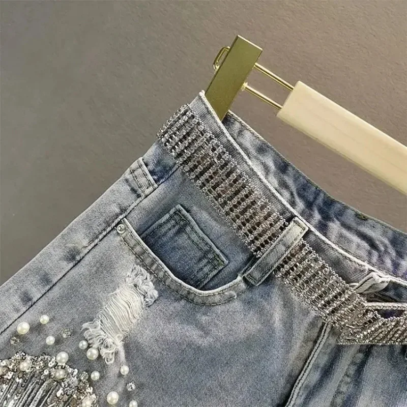 Summer Shorts Elegant Female Casual Solid Shorts Jeans Lady Tassel Beading High Waist Wide Leg Denim Shorts