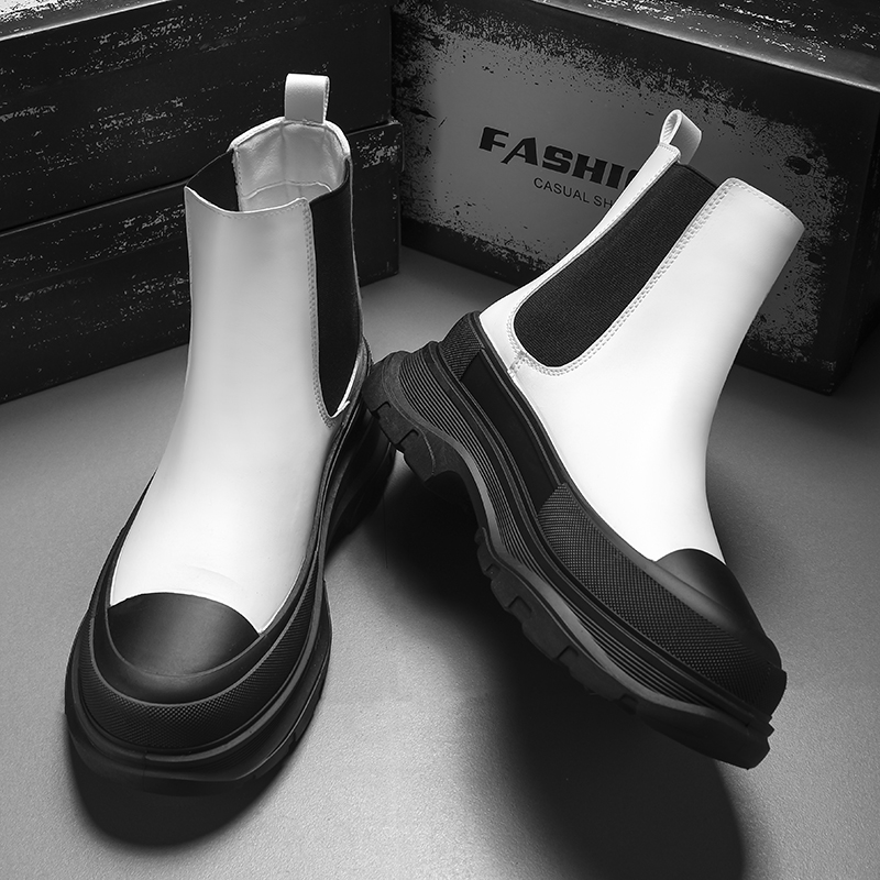 Autumn Men Casual Sneakers Genuine Leather Chunky Platform Ankle Chelsea Boots High-cut Patchwork Sneakers Male Sport Shoe 39-44