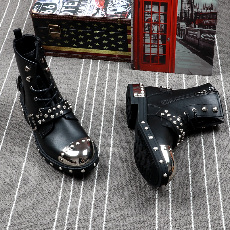 Mens Boots Luxury Brand Rivets Punk Style Spring Autumn Ankle Boots Male Metal High Top Motorbike Sneakers Shoes for Men