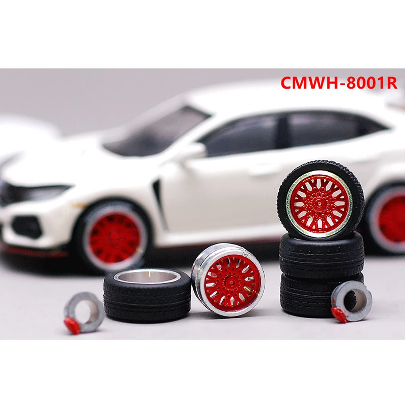 CM Model 1/64 Alloy Metal Wheels Rubber Tires Design Rims Replace Modified Parts JDM Style for Model Car Vehicle 4pcs Set Part 1