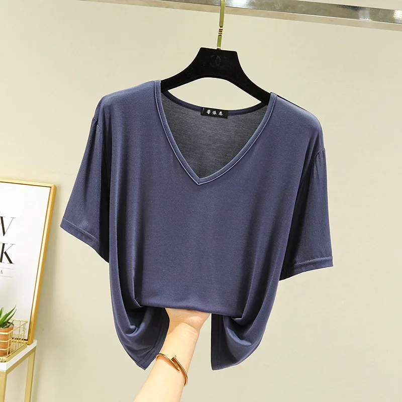Women's T-shirt Modal V-Neck Short sleeves Tops Summer new 2025 Casual T Shirts Solid color Loose basic Bottoming Tees