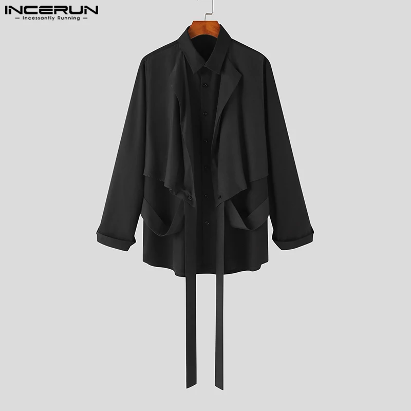 INCERUN new Tops 2023 Korean Style Handsome Men Patchwork Fake Two Piece 2025 Shirt Casual Party Contrast Design Long Sleeve Blouse S-5XL