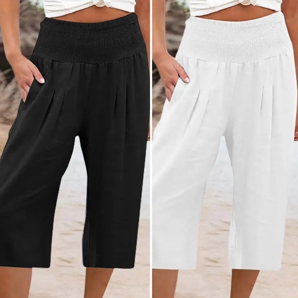 Women Summer Pants Solid Color Elastic Waist Wide Band Loose Breathable Mid-calf Length High Waist Women Cropped Pants