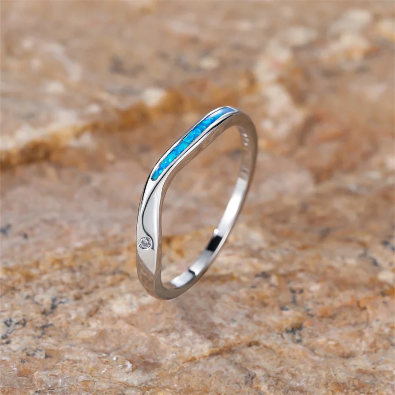 Luxury Crystal Small Round Stone Ring White Blue Opal Engagement Thin Rings For Women Rose Gold Silver Color Wedding Bands Gifts