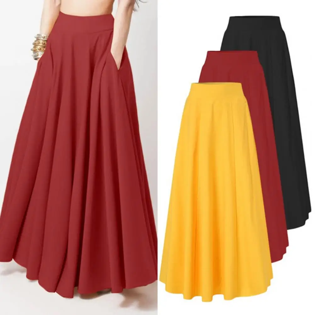 Summer New in Skirt Two Pockets High-Waist Elastic Waist Pleated 2025 new Large Hem Clothing Matching Oversized Women A-Line Solid Skirt