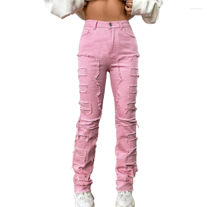 Womens Jeans Women Stacked Ripped Fit Jean Destroyed Straight Stretch Denims Pants Z260313