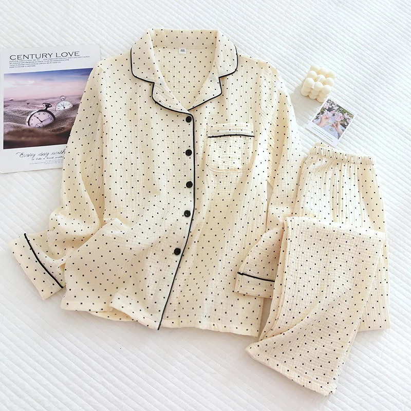 100% Cotton Gauze Winter Women Pajamas Polka Dot Print Sleepwear Autumn Female 2 Piece Set Nightwear Lady Pyjamas Loungewear 240326