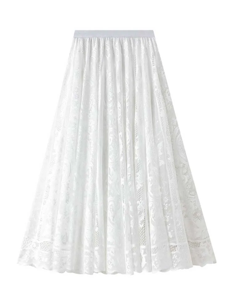 Spring Summer Women Lace Skirts Solid new High Waist Elastic Vintage Elegant Office Ladies White Black Chic 2025 Long Skirts Jupe Longue