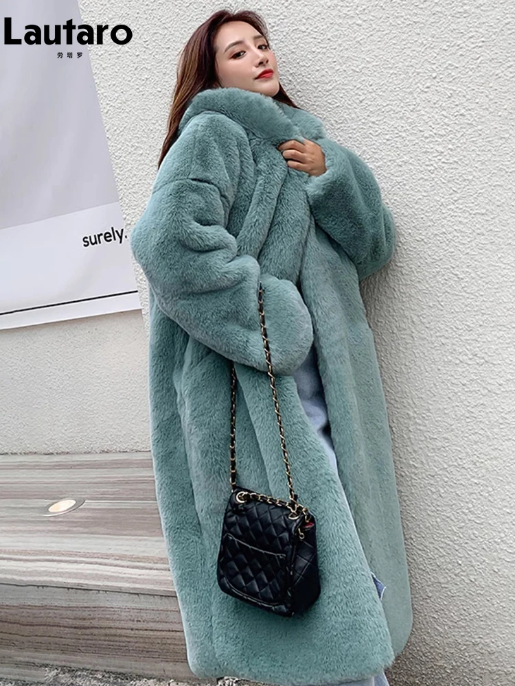 Lautaro Winter Long Loose Casual Windproof Soft Thick Warm Fluffy Green Black Faux Fur new 2025 Coat Women with Hood Furry Overcoat 2023