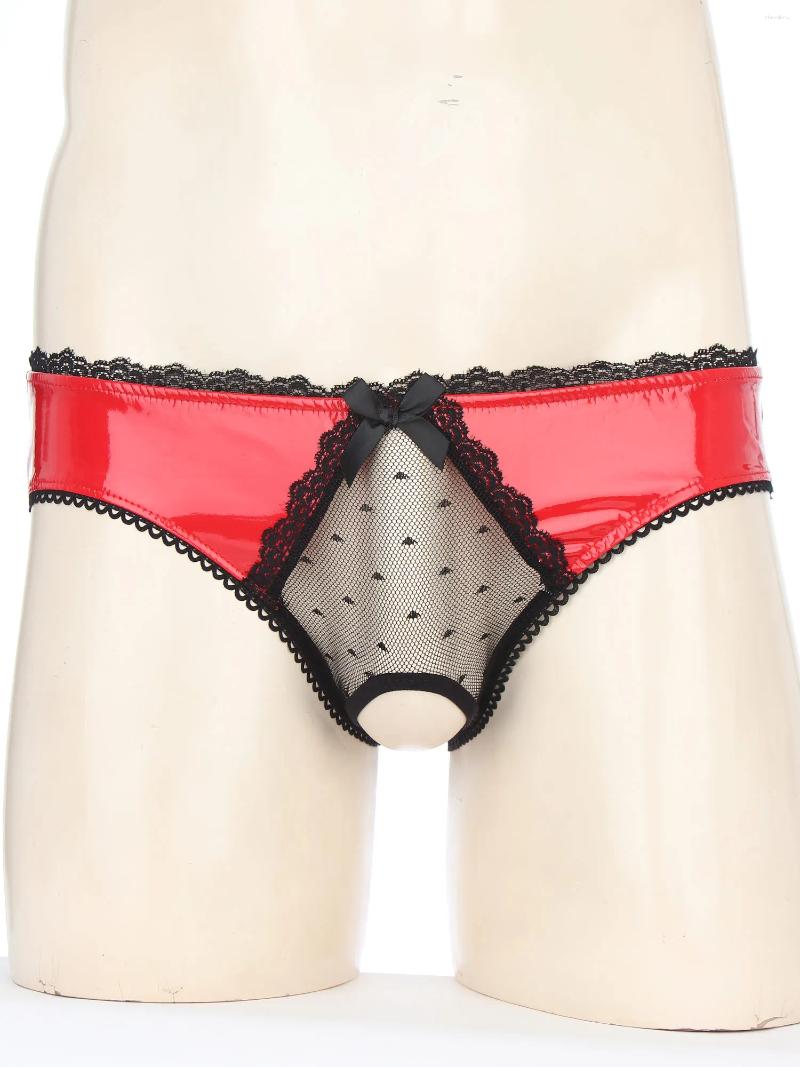 Underpants Mens Lingerie Crotchless Sissy Underwear Sheer Lace Open Crotch Briefs Bowknot Glossy Patent Leather Panties Low Waist Underpant