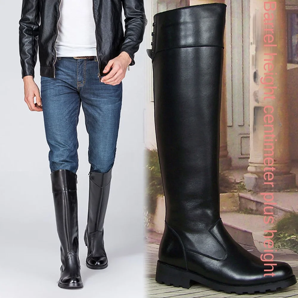 Men Genuine Leather Motorcycle Boots High Equestrian Boots Winter Male Plush Long Knee-high Military Tactical Boots Knight Boots