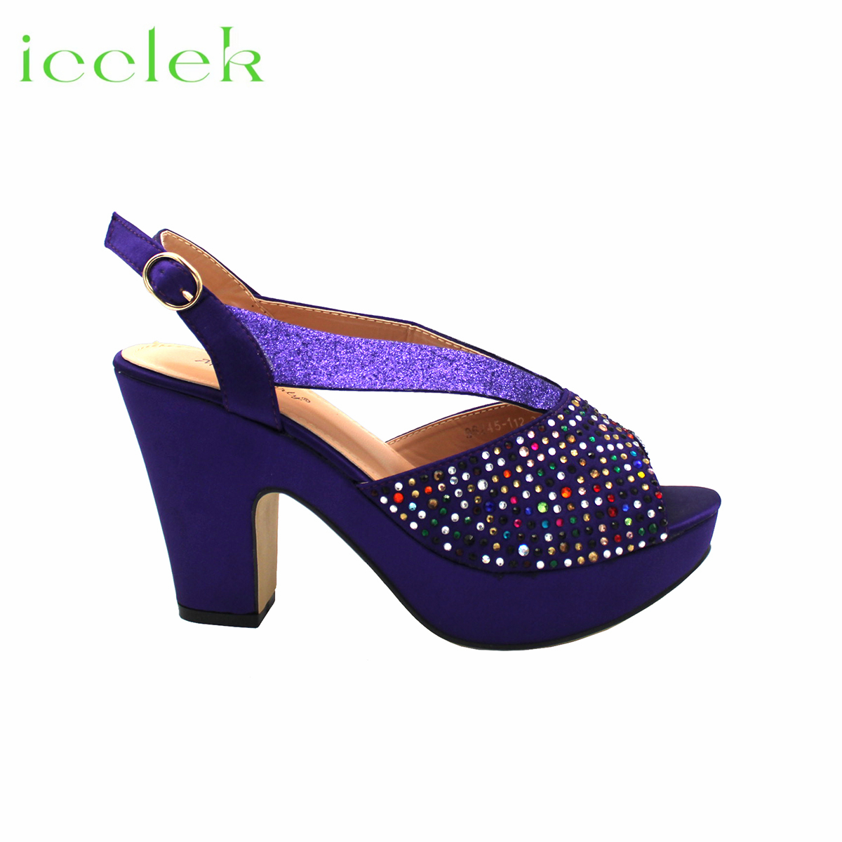 Purple Color 2023 New Design African Women Shoes and Bag Set Peep Toe with Shinning Crystal for Wedding Party