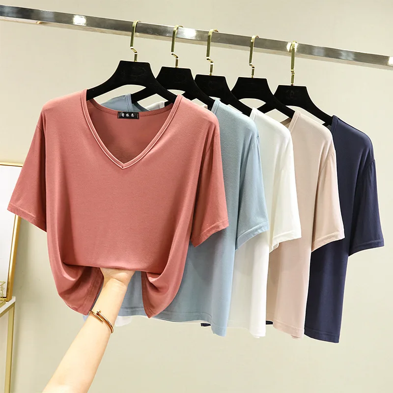 Women's T-shirt Modal V-Neck Short sleeves Tops Summer new 2025 Casual T Shirts Solid color Loose basic Bottoming Tees