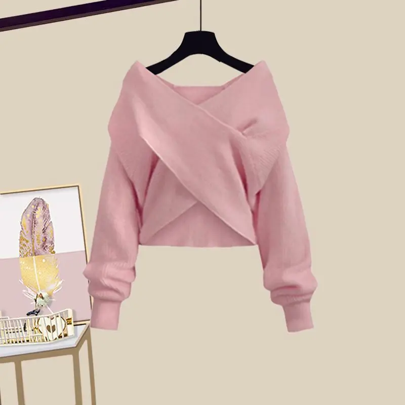 Spring/Summer Set 2025 Women's 2023 New Large Women's Korean Slim new Cross Sweater High Waist Half Skirt Two Piece Set Fashion