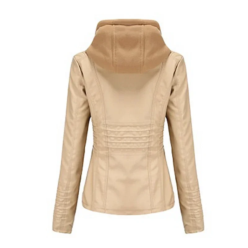 Faux Leather Jacket Women 2023 new Spring Hooded Moto Biker Zipper Jacket New in 2025 Outerwears Autumn Apricot Black White Red Brown XS