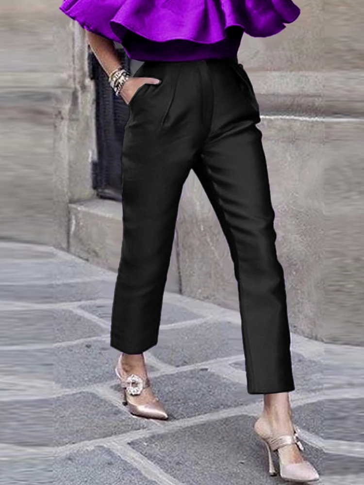 Women Pants Black Shiny High Elastic Waist Elegant Office Work Ankle Length Pencil Capris for Lady Summer Bottoms