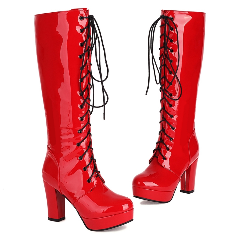 Platform Heels Knee High Boots Women Sexy Lace-up White Black Red Gold Sier Nightclub Party Long Shoes Lady Large Size 46 84de