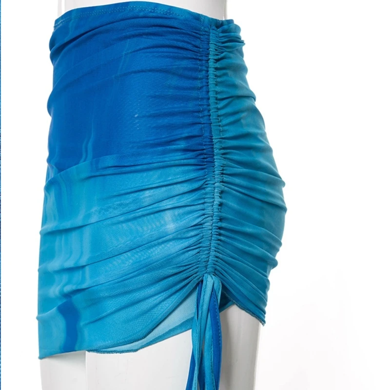 Women new 2025 2Pcs Tie-Dye Mesh Cover Up Long Sleeve Crop Top and Ruched Mini Skirt Set H7EF