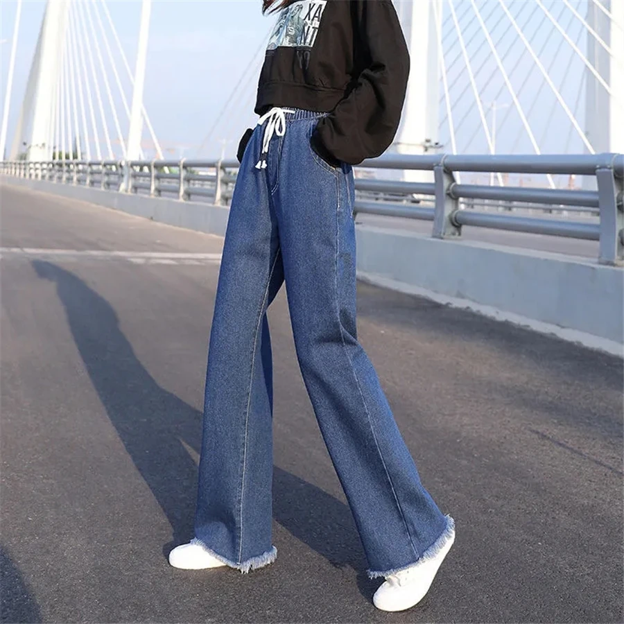 Burr Edge Ankle-length Straight Leg Jean Women Lace Up Pantalones Elastic 2025 High Waist Denim Pants new Casual Vaqueros Vintage Trouser
