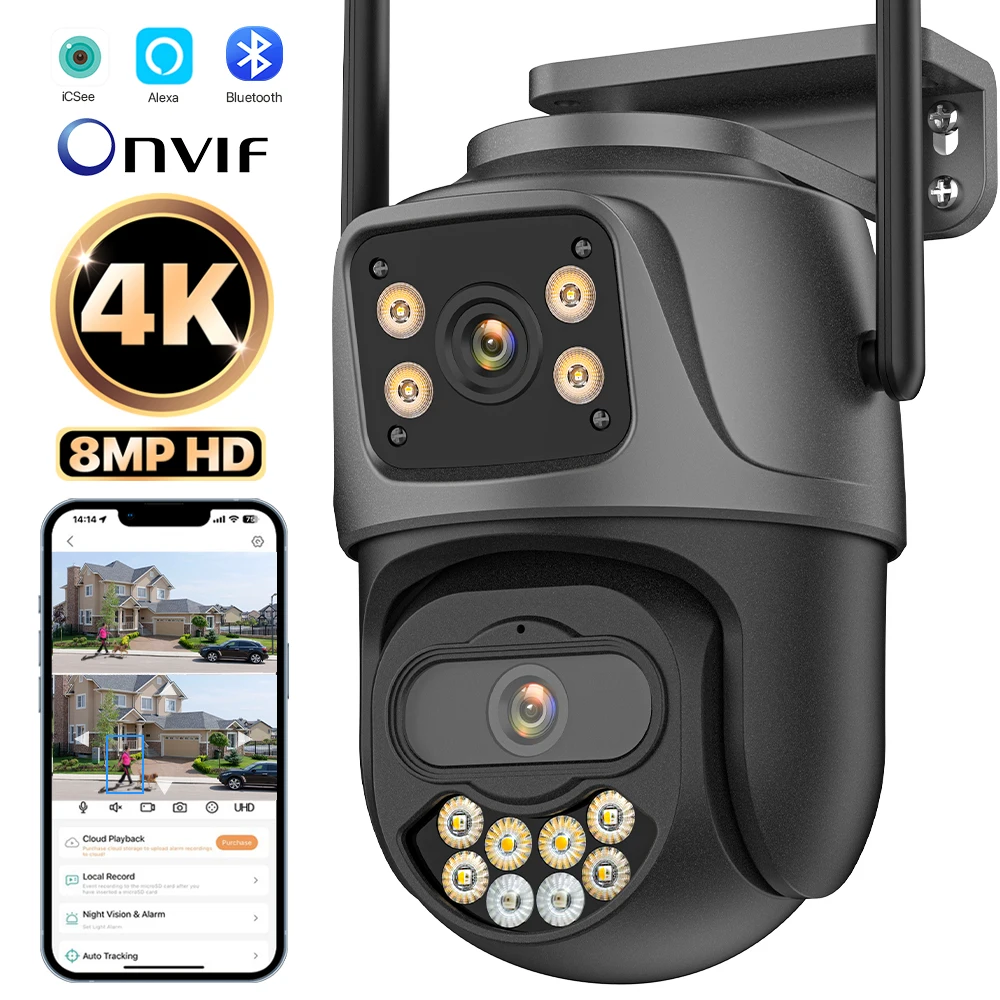 4K 8MP PTZ WIFI Camera Dual Lens Dual Screen IP Camera AI Human Detect 4MP HD Auto Tracking Security Camera iCSee Surveillance